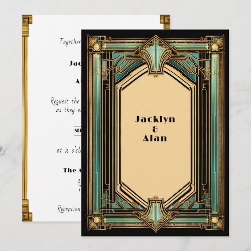 Art Deco Gold Turquoise Black Wedding Invitation