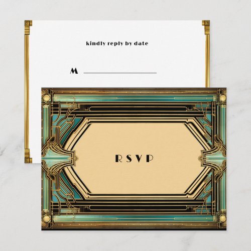 Art Deco Gold Turquoise Black Wedding RSVP Card
