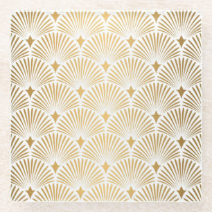 Art Deco: Gold-White Elegance. Glass Coaster