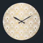 Art Deco: Gold-White Elegance. Large Clock<br><div class="desc">Art Deco Pattern. Seamless white and gold background. Metallic shells or scales lace ornament. Minimalistic geometric design. Vintage lines. 1920-30s motifs. Luxury vintage wedding decoration Roaring 20s Art: Metallic Shells and Geometric decor. Art Deco Elegance: Metallic Shells and Vintage Lines. pattern, deco, gold, geometric, seamless, background, texture, steampunk, fan, leaves,...</div>