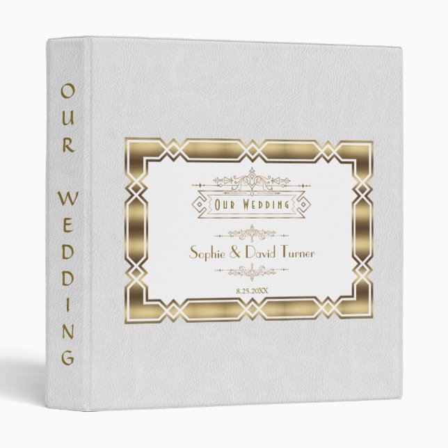 Art Deco Gold White Gatsby 20s Wedding Photo Album 3 Ring Binder (Front/Spine)