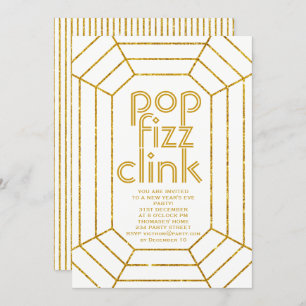 Art Deco gold white pop fizz clink New Year party Invitation