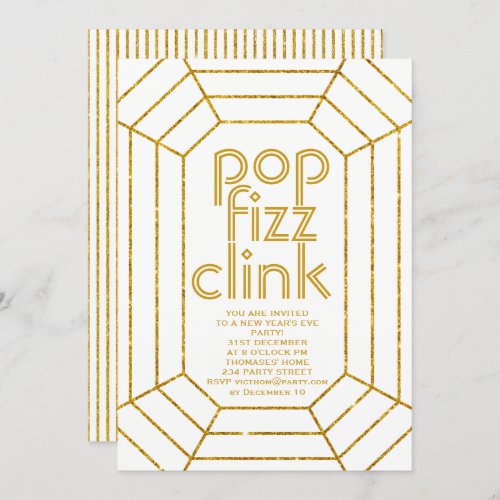 Art Deco gold white pop fizz clink New Year party Invitation