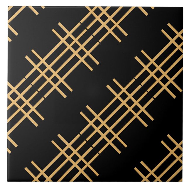 Art Deco Golden Crossed Stripes on Black  Tile (Front)