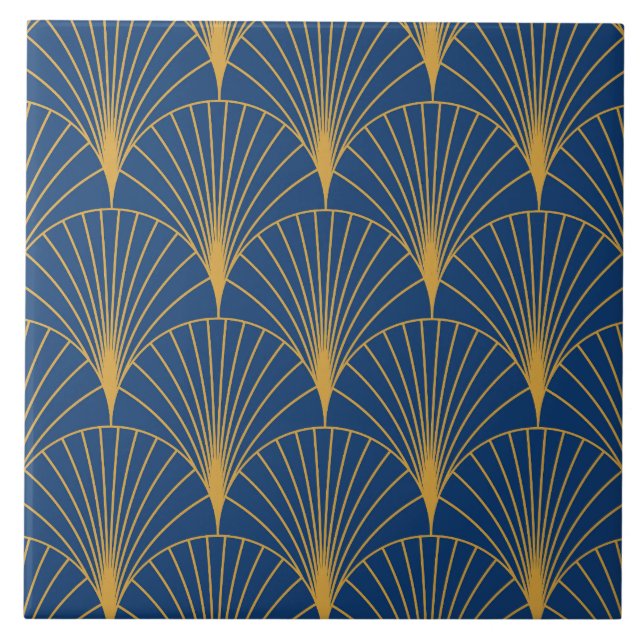 Art Deco Golden Geometric Fans on Navy Blue  Ceramic Tile (Front)