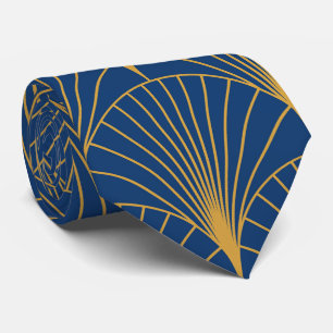 Art Deco Golden Geometric Fans on Navy Blue  Neck Tie