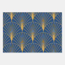 Art Deco Golden Geometric Fans on Navy Blue