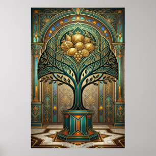 Art Deco Golden Harvest Fruit Tree Gold Teal Poste Poster