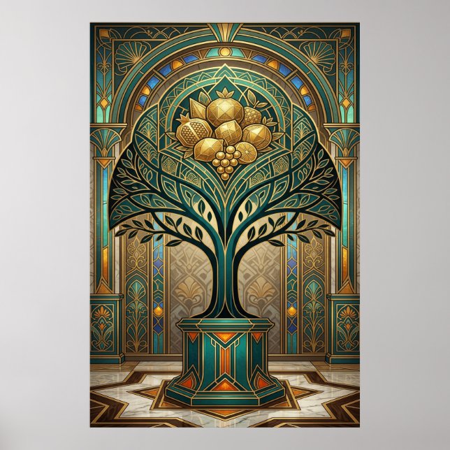 Art Deco Golden Harvest Fruit Tree Gold Teal Poste Poster (Front)