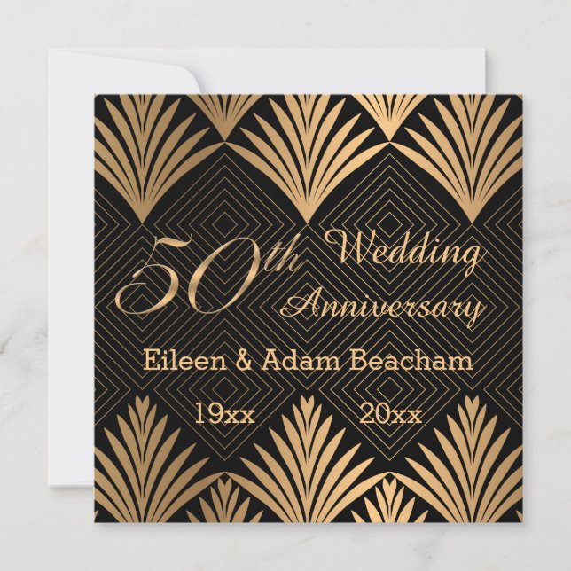 Art deco golden leaves 50th Anniversary flat card (Front)