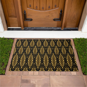 Art Deco Golden Leaves Black Geometric Luxury Doormat