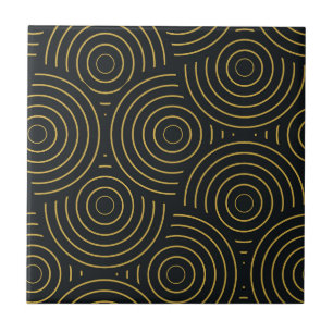 Art Deco Golden Overlapping Circles on Black Ceramic Tile