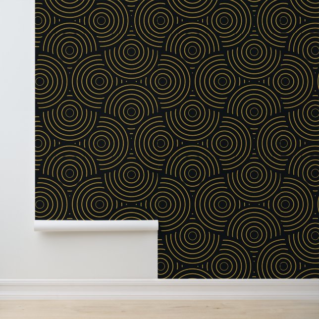 Art Deco Golden Overlapping Circles on Black  Wallpaper (Application)