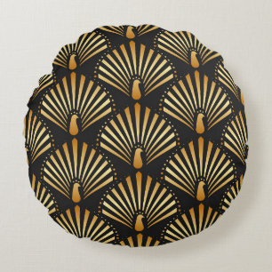 Art deco golden peacock pattern round pillow