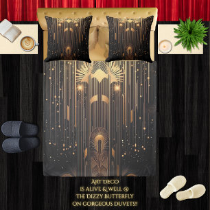 Art Deco Golden Rain Egyptian Style on Black Queen Duvet Cover