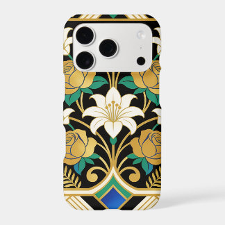 Art Deco Golden Roses & Lilies Black Emerald iPhone 17 Pro Case