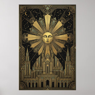 Art Deco Golden Sun Face Palace Poster Celestial