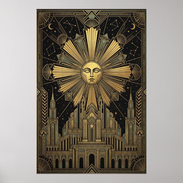 Art Deco Golden Sun Face Palace Poster | Celestial (Front)