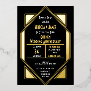 Art Deco Golden Wedding Anniversary Black Gold Foil Invitation