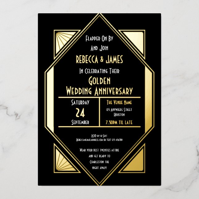 Art Deco Golden Wedding Anniversary Black Gold Foil Invitation (Front)