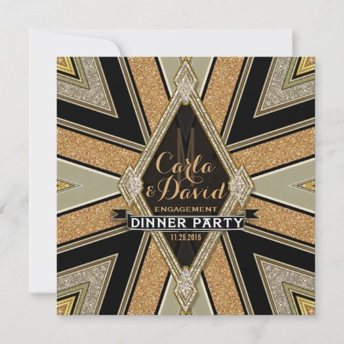 Art Deco Goldy Engagement Dinner Party Invitations