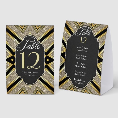 Art Deco Goldy Wedding Table Number w/ Guest Names Paper Table Tent