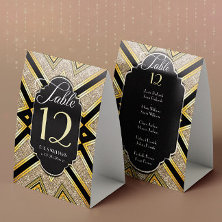 Art Deco Goldy Wedding Table Number w/ Guest Names Paper Table Tent