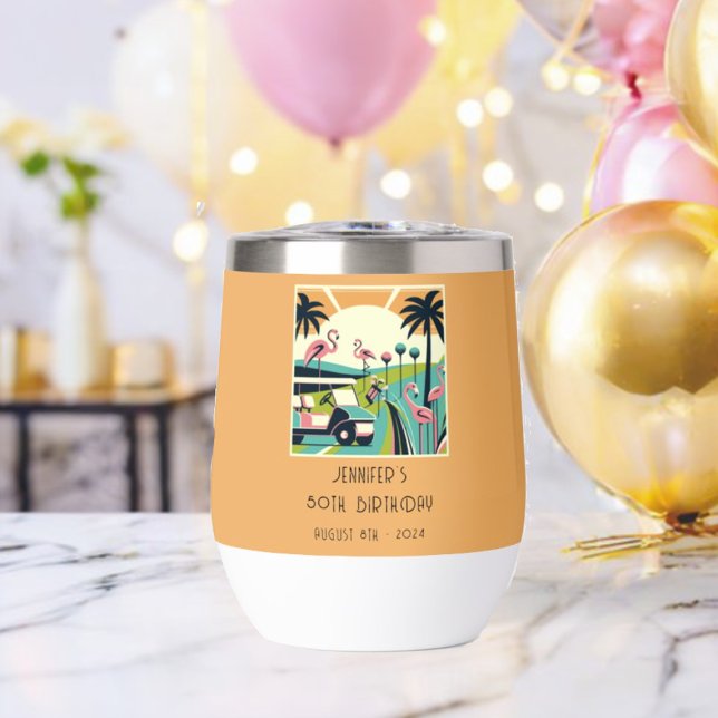 Art Deco Golf 50th Birthday Party Thermal Wine Tumbler (Creator Uploaded)