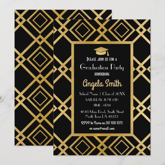 Art Deco Graduation Party Invite Gold Black 1920s (Front/Back)
