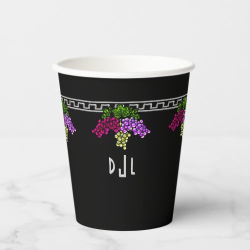 Art Deco Grapes _ BlackSilverViolet Monogrammed Paper Cups
