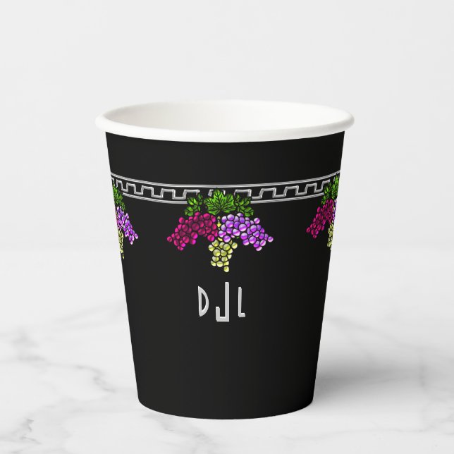 Art Deco Grapes - Black,Silver,Violet Monogrammed Paper Cups (Front)