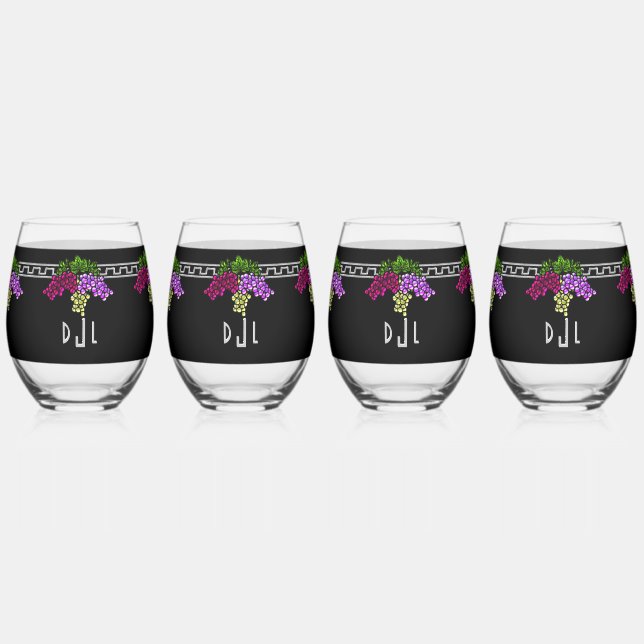 Art Deco Grapes - Black,Silver,Violet Monogrammed Stemless Wine Glass (Front)