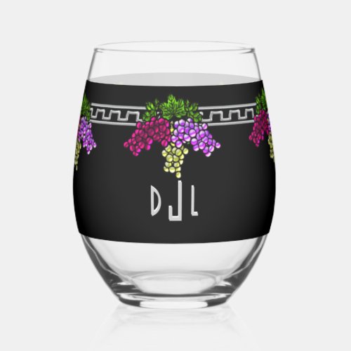 Art Deco Grapes _ BlackSilverViolet Monogrammed Stemless Wine Glass