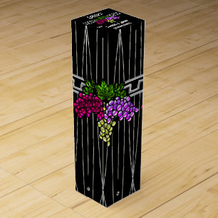 Art Deco Grapes on Black and Silver Personalized Wine Gift Box