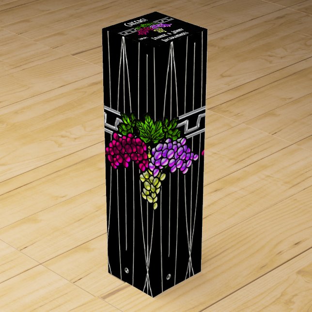 Art Deco Grapes on Black and Silver Personalized Wine Gift Box (Front)