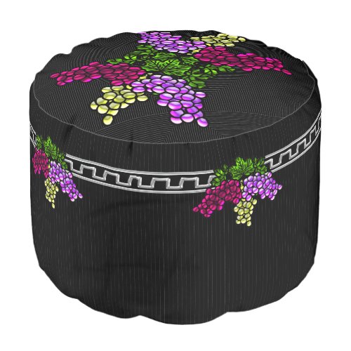 Art Deco Grapes on Black and Silver Pinstripes Pouf