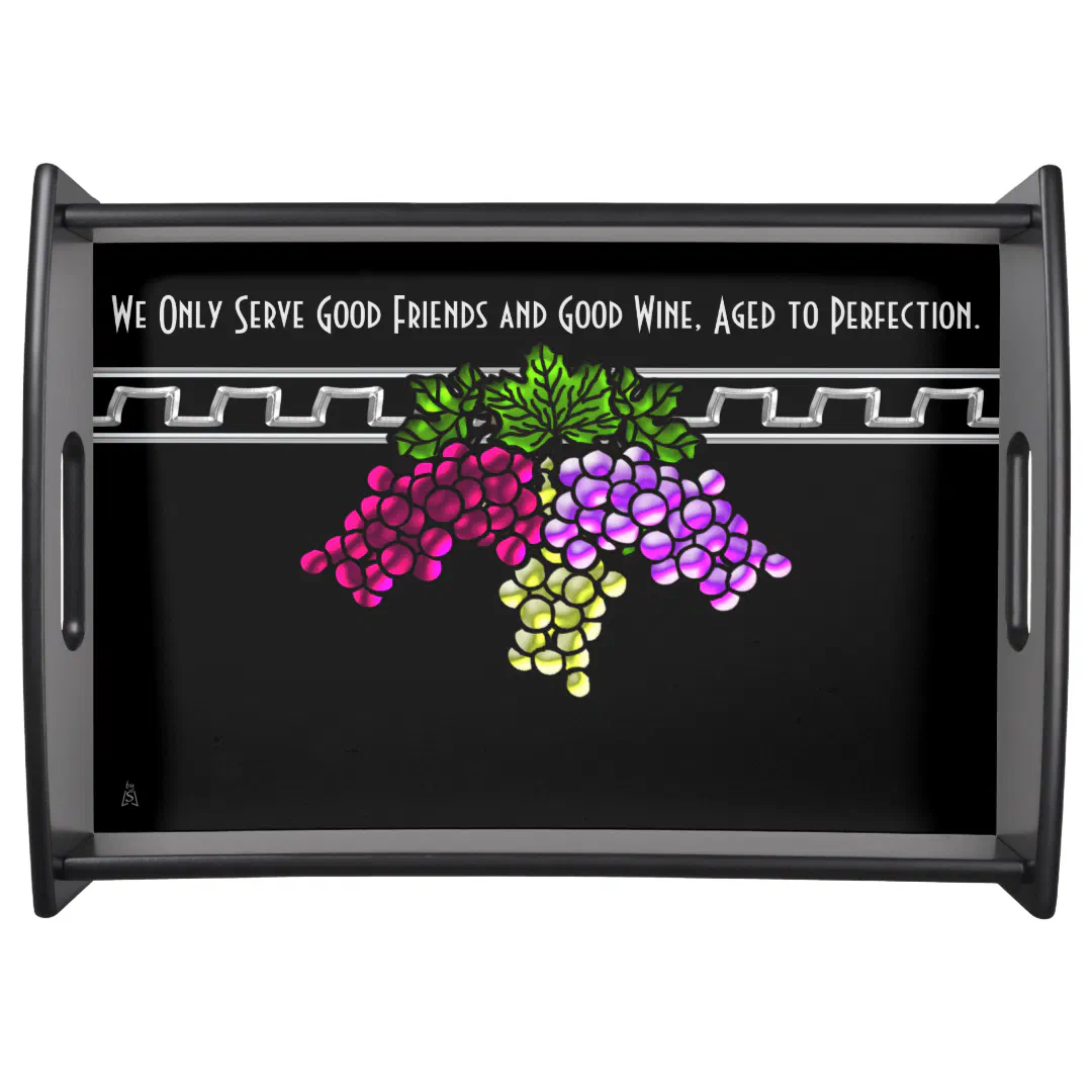 Art Deco Grapes on Black Personalized Serving Tray