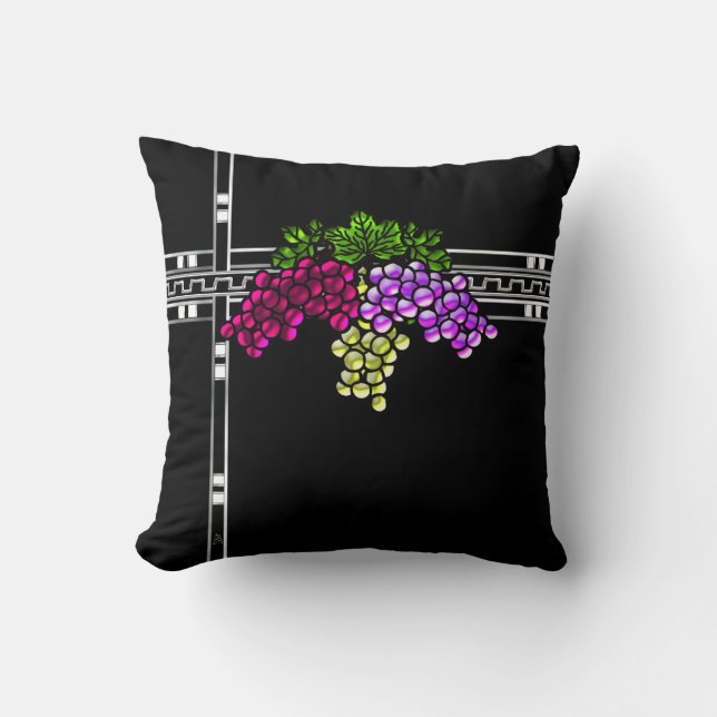 Art Deco Grapes on Black Throw Pillow (Front)