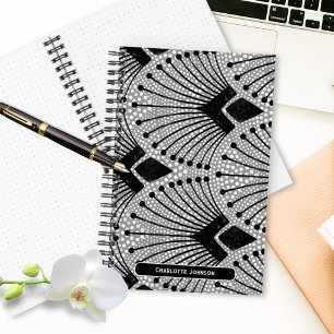 Art Deco Gray Black White Elegant Peacock Pattern Notebook