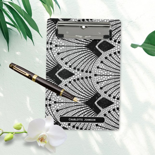 Art Deco Gray Black White Retro Peacock Pattern Mini Clipboard (Gray Art Deco Black White Peacock Pattern Mini Clipboard ©Susanne Sachers - Sunny Mind 🌞)