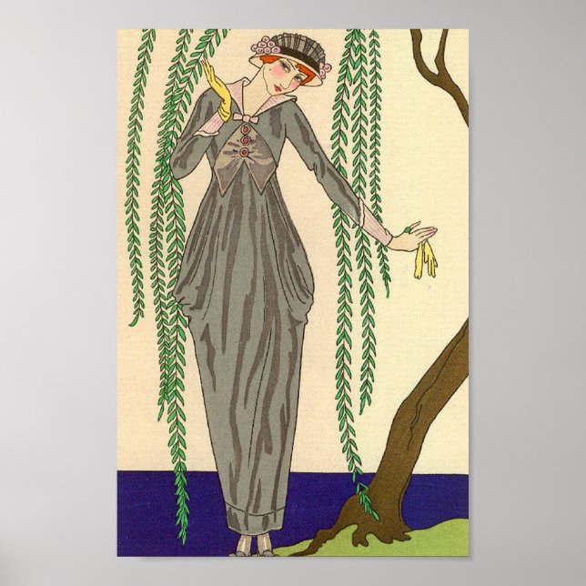 Art Deco Gray Taffeta Gown Illustration Poster (Front)