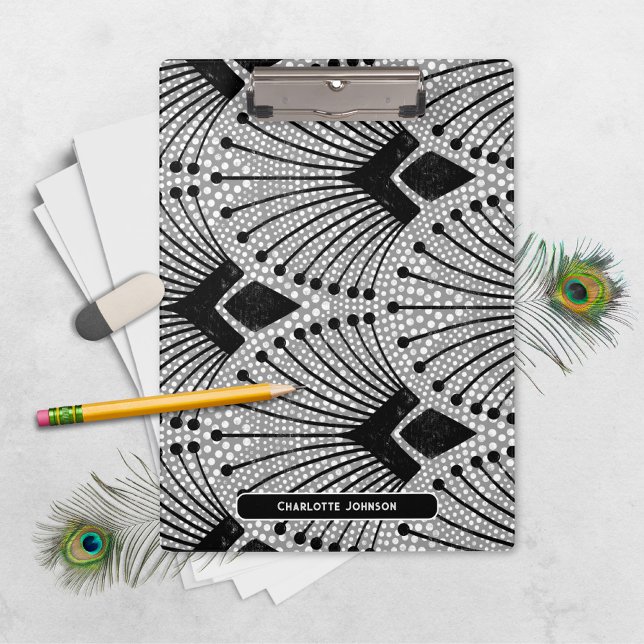 Art Deco Gray Vintage Retro Peacock Pattern Clipboard (Modern Art Deco Gray Peacock Pattern Clipboard ©Susanne Sachers - Sunny Mind 🌞)