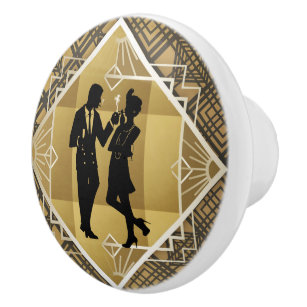 Art Deco Great Gatsby Black Gold Flapper Couple Ceramic Knob