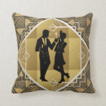 Art Deco Great Gatsby Black Gold Flapper Couple Throw Pillow<br><div class="desc">Modern artdeco themed home decor item featuring a 1920s couple,  man and woman,  flapper styled with bacl and gold colors and geometric lines.</div>