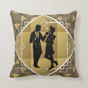 Art Deco Great Gatsby Black Gold Flapper Couple Throw Pillow