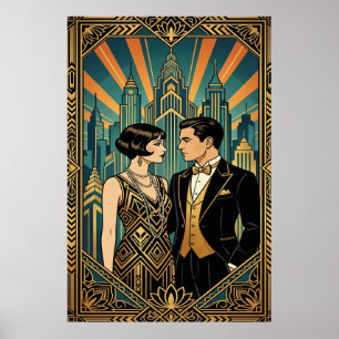 Art Deco Great Gatsby Couple City Skyline Poster