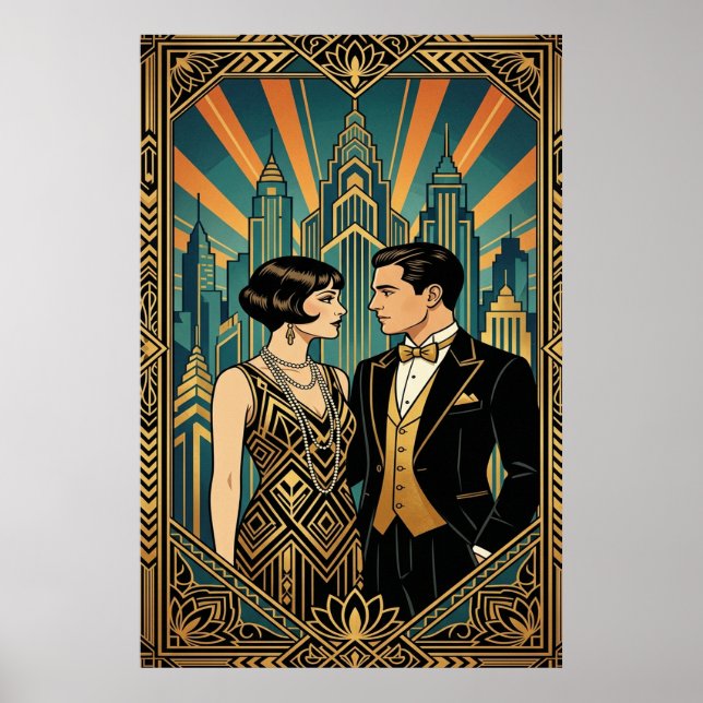 Art Deco Great Gatsby Couple City Skyline Poster (Front)