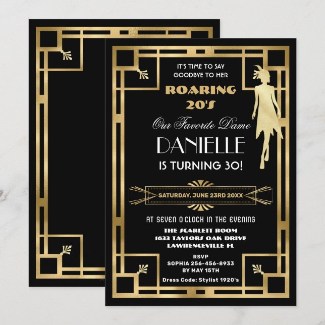 Art Deco Great Gatsby Roaring 20s 30th Birthday Invitation (Front/Back)