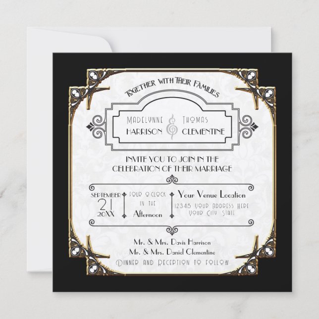 Art Deco Great Gatsby Style Typography n Lace Gold Invitation (Front)
