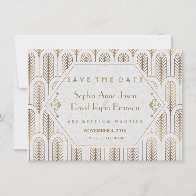 Art Deco Great Gatsby White Gold Save The Date (Front)